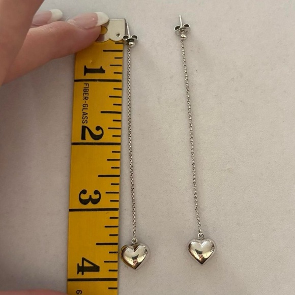 925 Sterling Silver Dangly Dainty Chain with Puffy Heart Charm Earrings - Picture 5 of 6